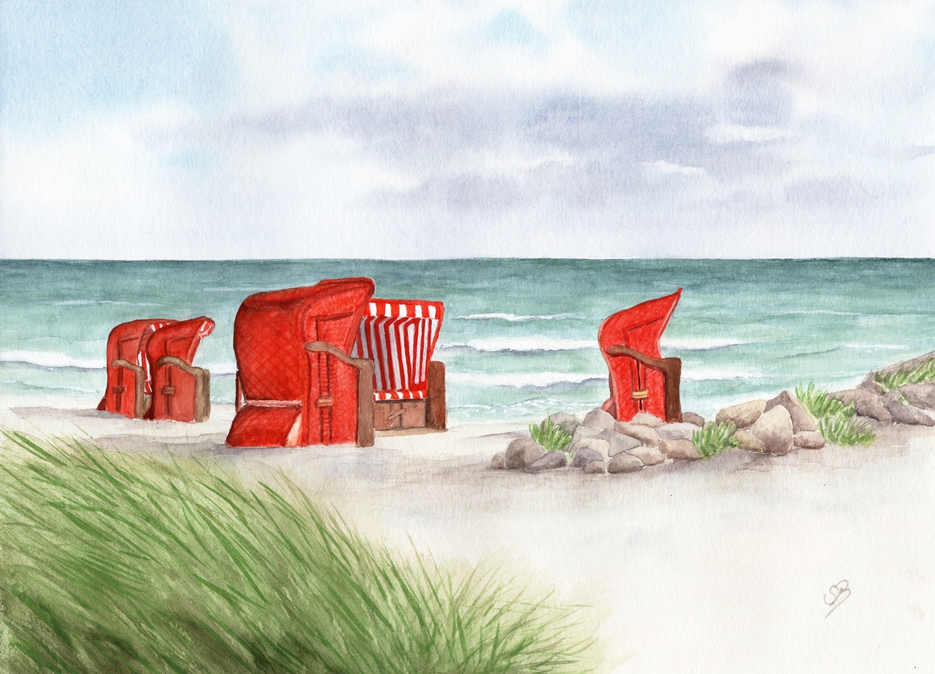 Beach chairs red by the sea beach sign - OA3W